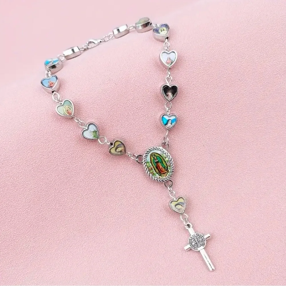 Lovely Heart Shaped Cross Pendant Rosary Bracelet, Virgin Charm Silver Plated‎